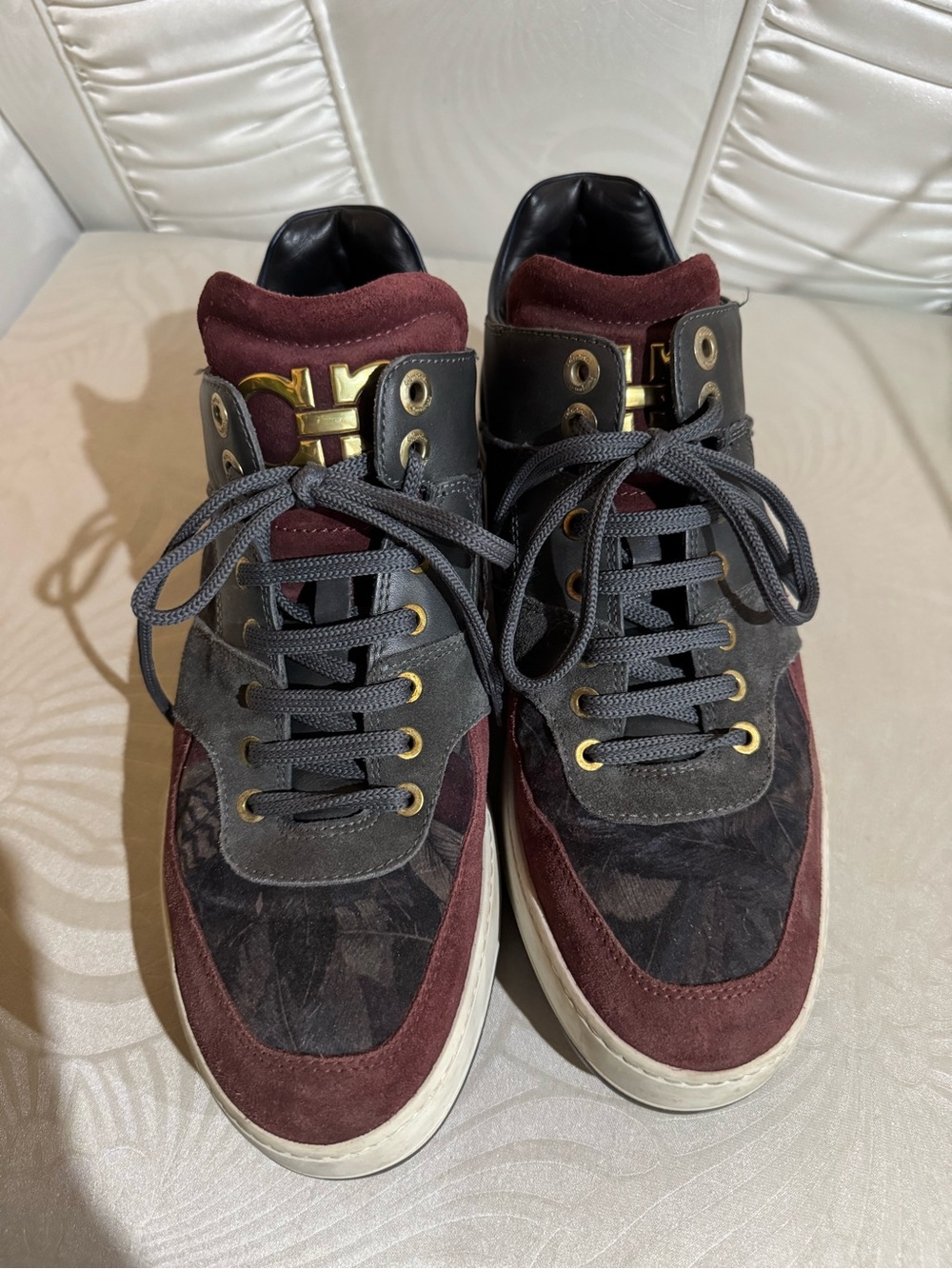 Salvatore Ferragamo Men's Burgundy and Gray High-Top Sneakers with Gold Hardware
